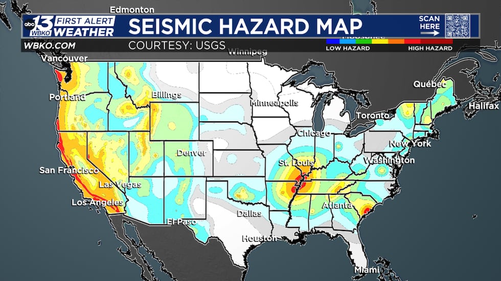 This map highlights the risk of potential earthquake activity around the contiguous United States