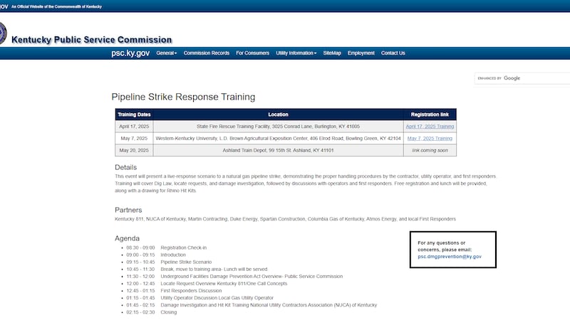 The Kentucky Public Service Commission (PSC) is holding Pipeline Strike Response Training...