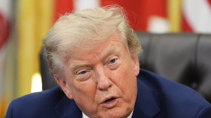 President Donald Trump speaks in the Oval Office of the White House, Thursday, Aug. 6, 2026,...