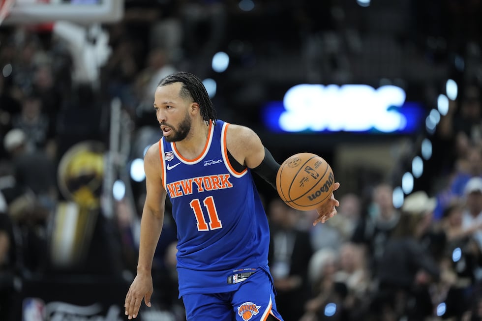 New York Knicks guard Jalen Brunson moves the all against the San Antonio Spurs during the...