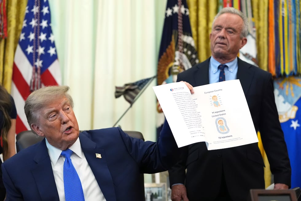 President Donald Trump holds up an image taken from his Truth Social account as Health and...